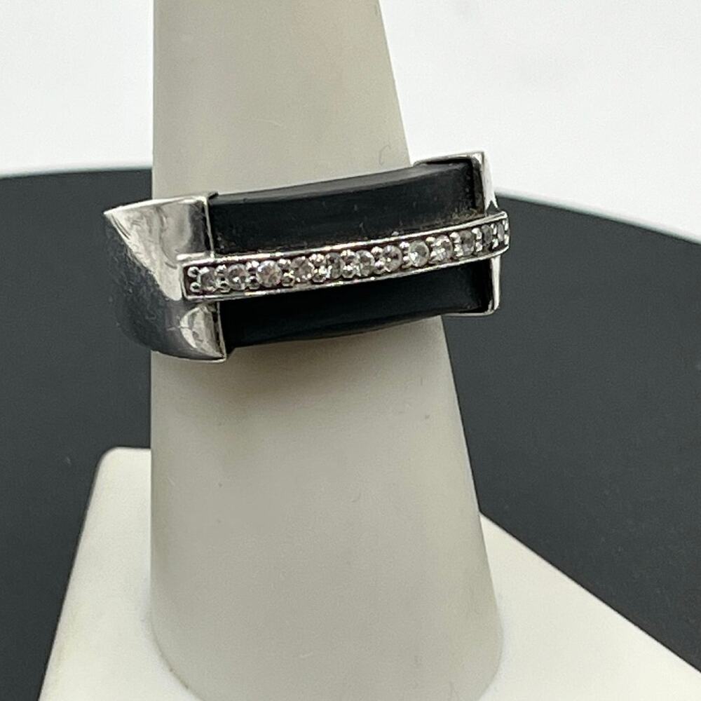 Sterling Silver CZ Black Italian Rubber 925‎ Chunky Unisex Unique Ring Sz 8.25